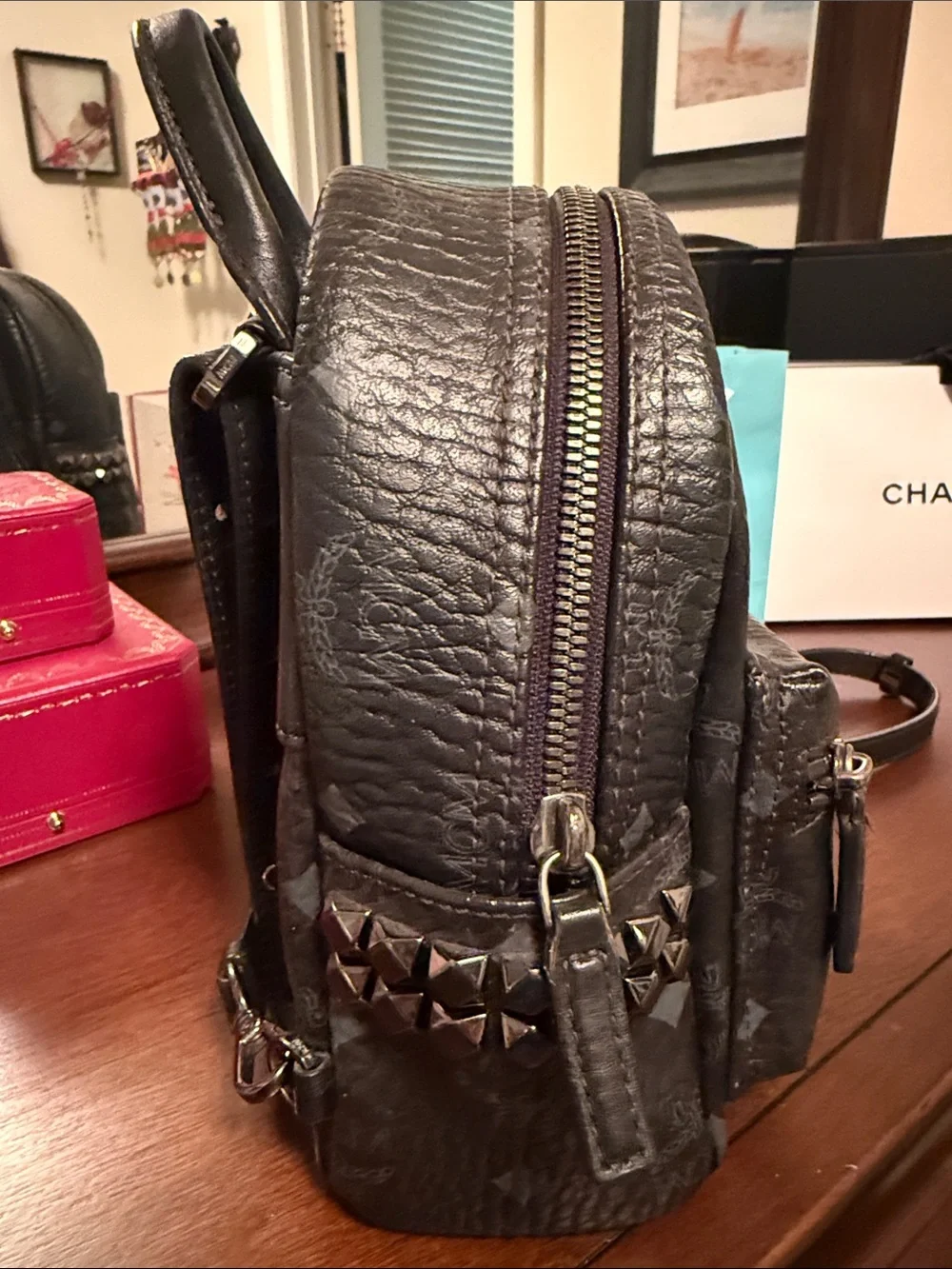 MCM Black Logo Leather Mini Backpack with Gold Plaque